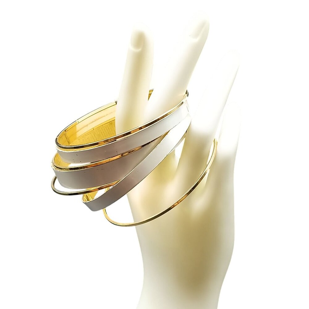 Vintage Gold-Tone & White Enamel Spiral Bangle Bracelet Linked Stacked
